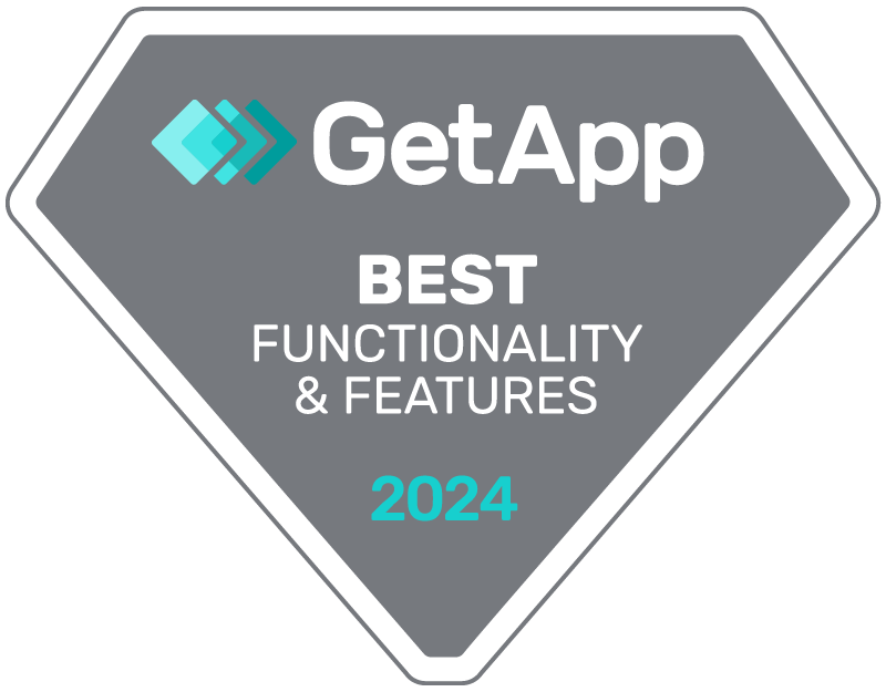 GetApp badge stating Best Functionality & Features 2024 with diamond-shaped gray background.
