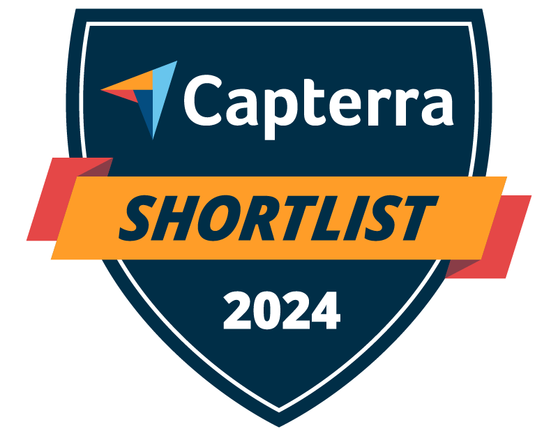 Capterra Shortlist 2024 badge with a dark blue shield background and orange banner.