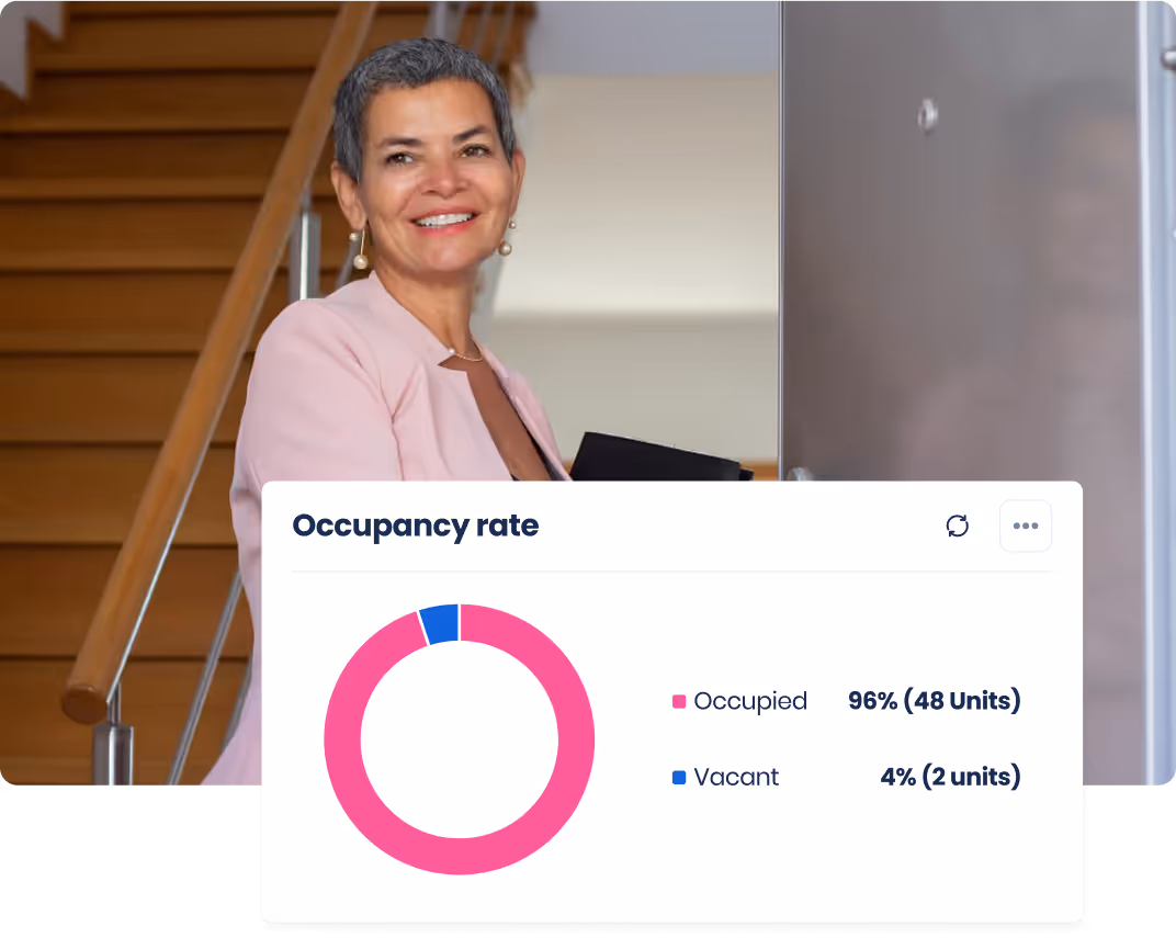 Smiling woman standing near a door with a chart showing 96% occupancy rate and 4% vacancy rate.