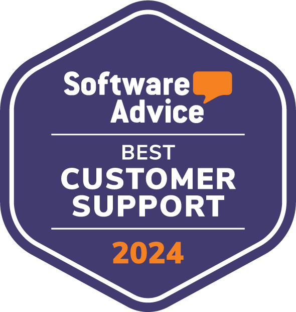 Software Advice badge for Best Customer Support 2024 with purple background and orange chat icon.