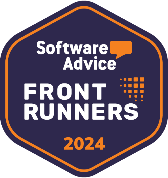 Software Advice Front Runners 2024 badge with white and orange text on a dark blue hexagonal background.