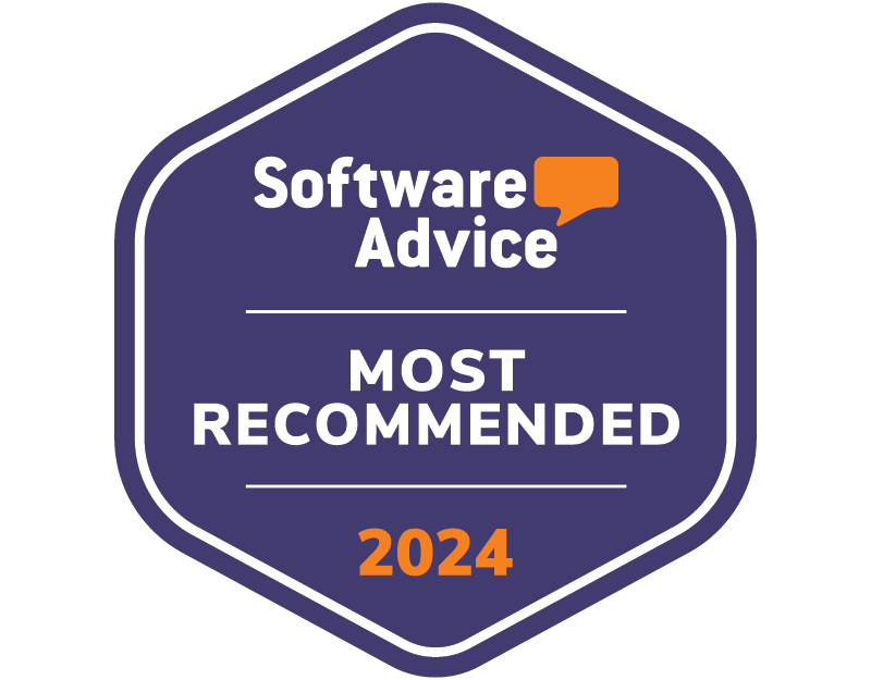 Software Advice badge with text 'Most Recommended 2024' on a purple hexagonal background.